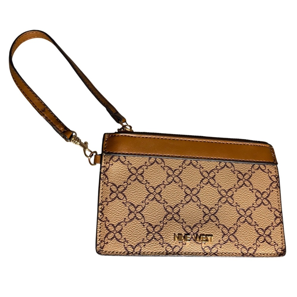Nine West Brown Monogram Wristlet Clutch Bag‎ Gold Tone Logo Zip Top